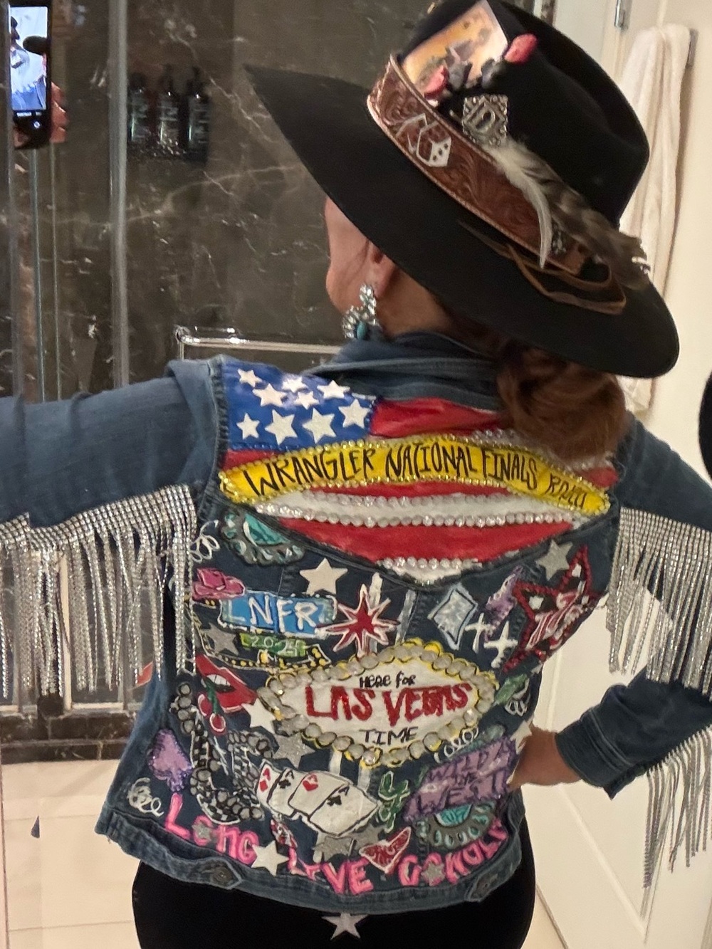 ONE OF A KIND Custom Las Vegas NFR Painted & Rhinestone Fringe Denim Jacket